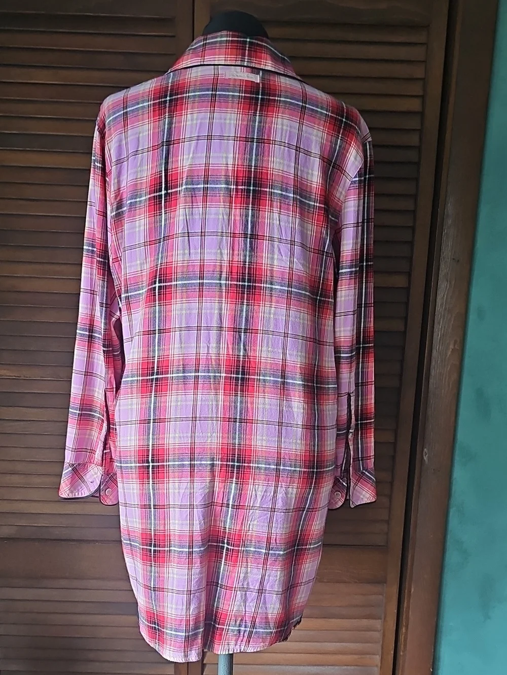 Victoria's Secret Long Slv Button Front Pink Red Plaid Flannel Sleep Dress Med